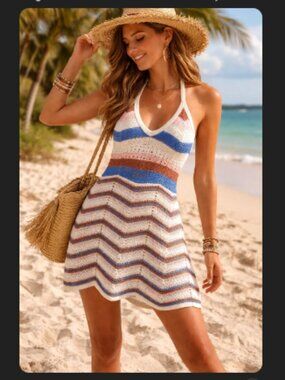 Crochet Knit Halter Mini Dress Summer Beach Blue Pink Brown Beige Cotton Small